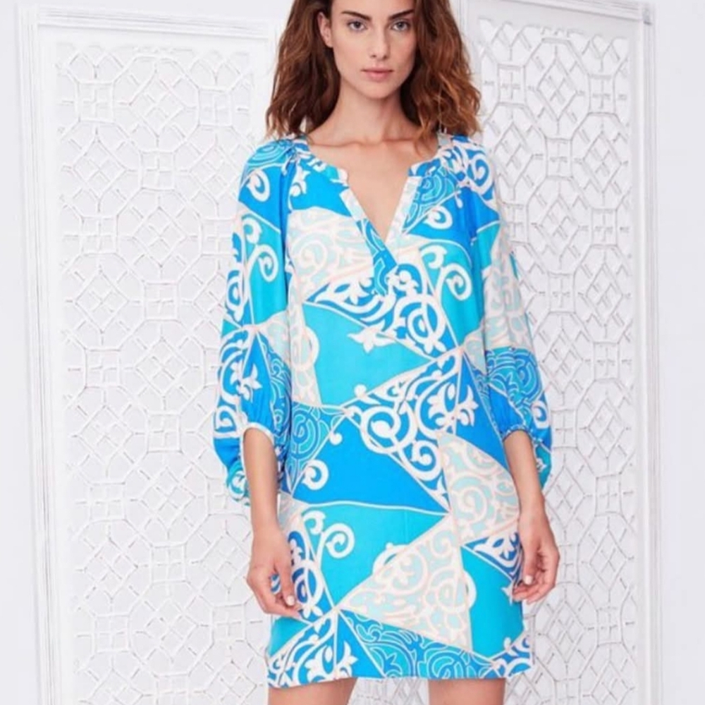 $542 Alice & Trixie 100% Silk Dress Blue & Turquoise Printed Dress Women Medium